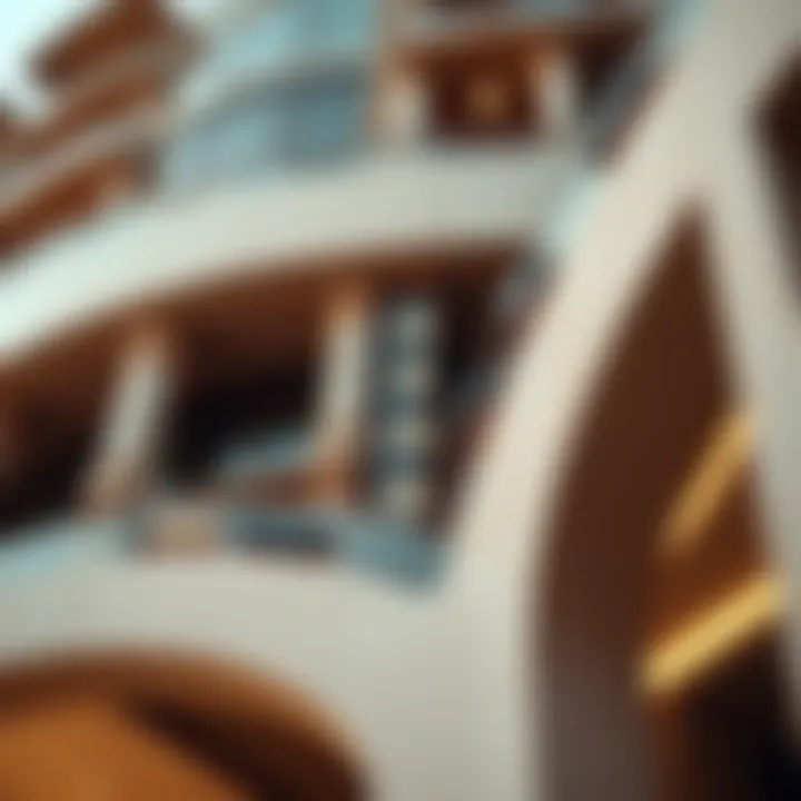 Close-up of the intricate architectural details of Al Adhab Tower, highlighting its unique design elements and materials.