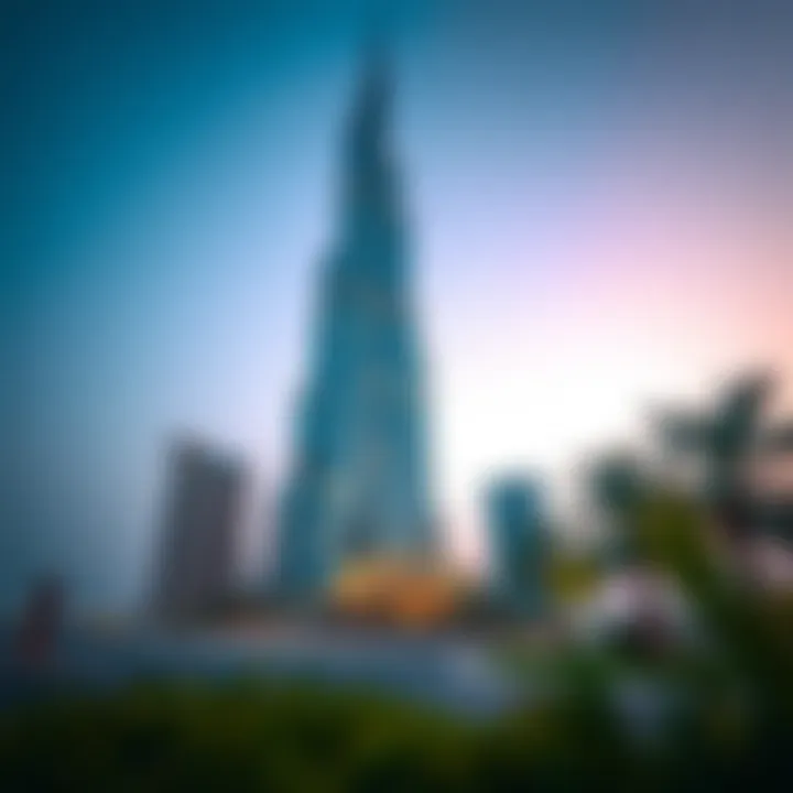 A stunning view of Al Adhab Tower at dusk, showcasing its illuminated façade against the evening sky.