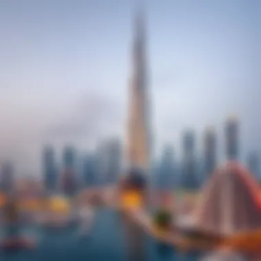 A panoramic view of Dubai's skyline featuring Al Adhab Tower, emphasizing its prominence among other skyscrapers.