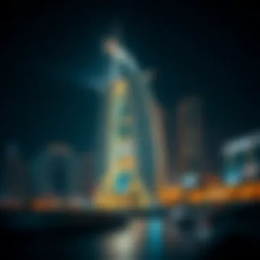 Illuminated Al Hudaiba Awards Building at Night Night view of the Al Hudaiba Awards Building illuminated against the Dubai skyline