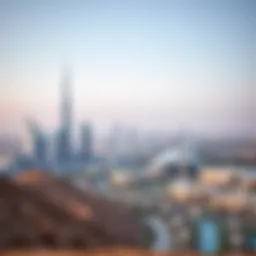 A panoramic view of Dubai's skyline featuring luxurious skyscrapers and desert landscape