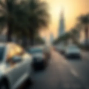 Dubai's Landscape and Car Rentals Scenic view of Dubai with rental cars