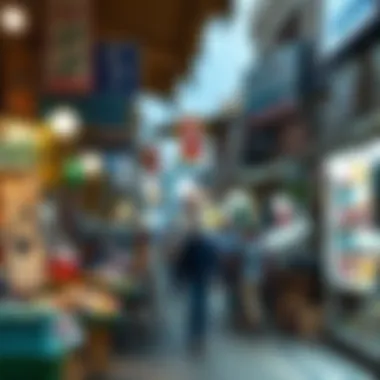 A lively street scene in Abu Hail Market with shops and local vendors