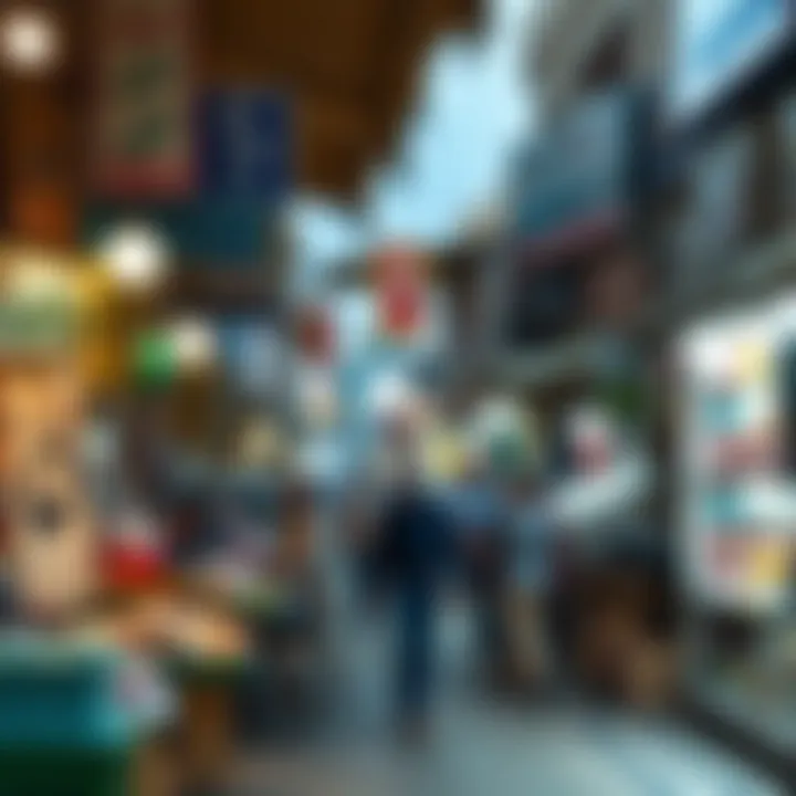 A lively street scene in Abu Hail Market with shops and local vendors