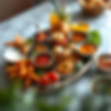 Diverse Indian Snacks: A Taste Expedition A colorful spread of diverse Indian snacks and chutneys served on a traditional platter