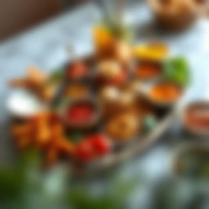 Diverse Indian Snacks: A Taste Expedition A colorful spread of diverse Indian snacks and chutneys served on a traditional platter