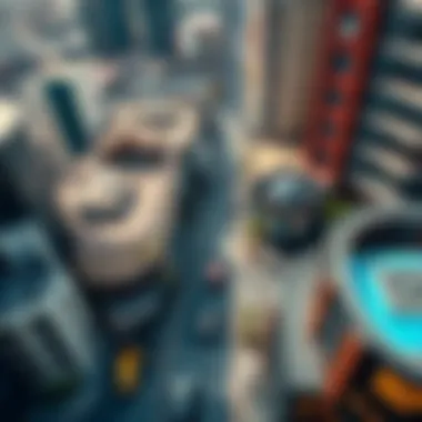Aerial view of a thriving downtown neighborhood with bustling activity