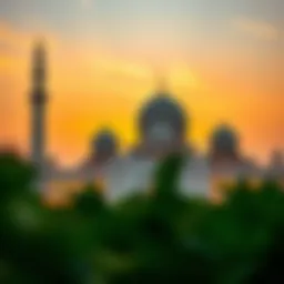 Scenic view of the Sheikh Zayed Grand Mosque with a vibrant sunset