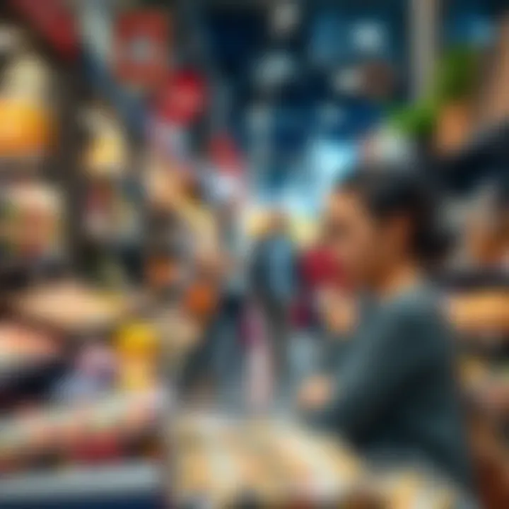 A thoughtful consumer engaging with a diverse product range