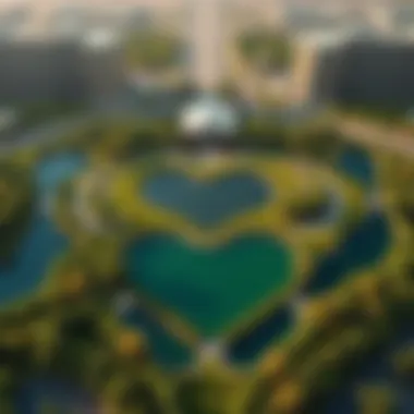 Aerial view showcasing the heart shape of Love Lake surrounded by lush greenery