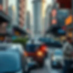 A bustling scene of Salah Al-Din Street showcasing its modern architecture and vibrant urban life.