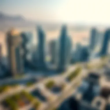 Dubai's Dynamic Business District Panoramic view of the bustling business district surrounding the towers