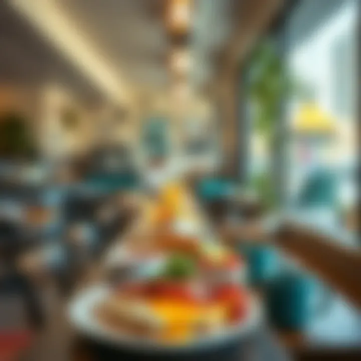 A stylish café showcasing an array of international breakfast options