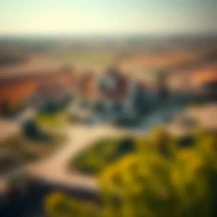An aerial shot of a picturesque farmhouse with farmland and landscapes