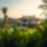 A stunning view of a luxurious farmhouse in the UAE surrounded by greenery