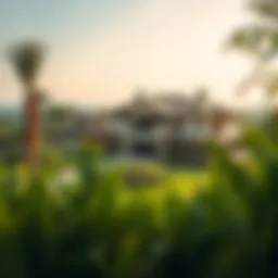 A stunning view of a luxurious farmhouse in the UAE surrounded by greenery