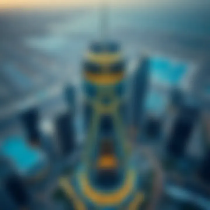 Aerial view of Crown Tower in Dubai showcasing its unique architectural design