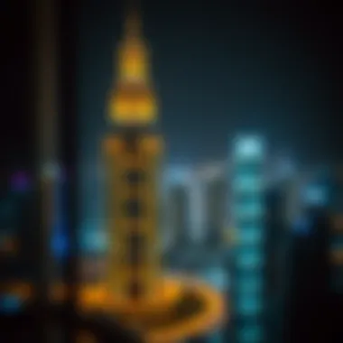 Crown Tower at night illuminated against the Dubai skyline