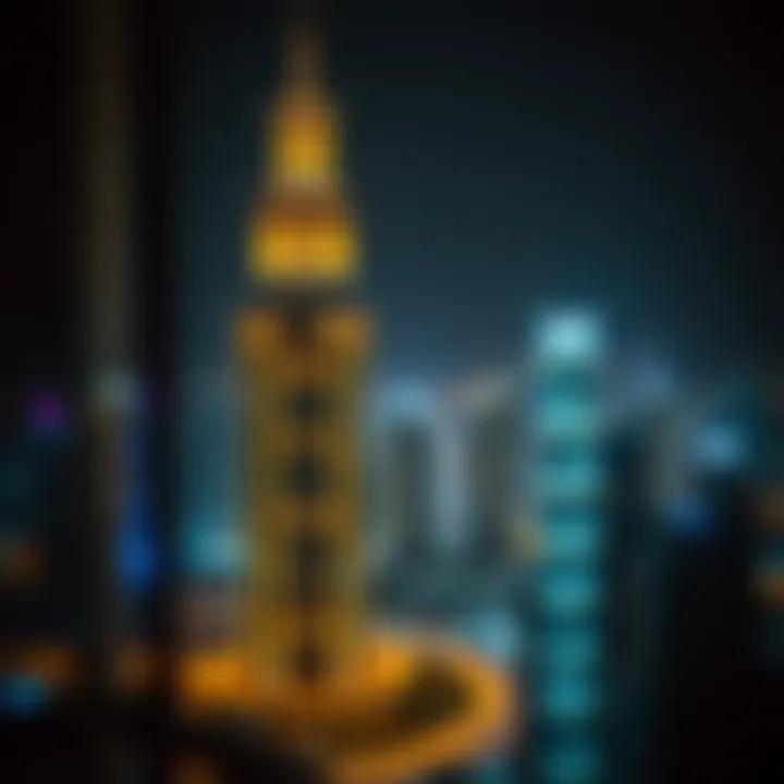 Crown Tower at night illuminated against the Dubai skyline