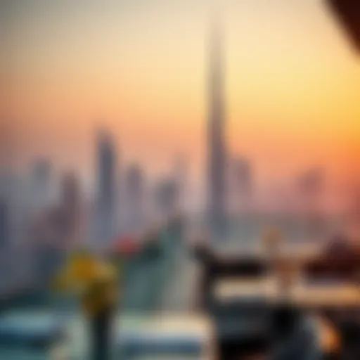 A stunning view of Dubai's skyline from a rooftop restaurant