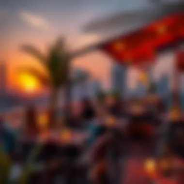 A vibrant atmosphere of a rooftop lounge at sunset