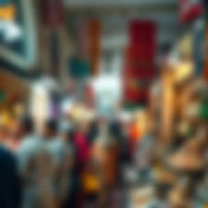 Lively Market Atmosphere at Meena Bazaar A bustling market scene filled with shoppers exploring unique items