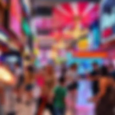 Entertainment zone with families enjoying various activities.