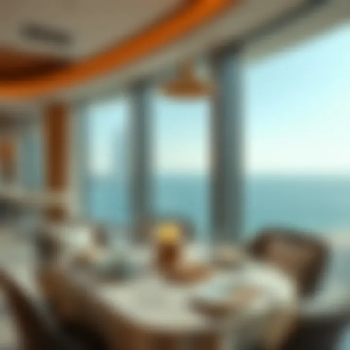 Elegant dining setup with a view of the Arabian Gulf
