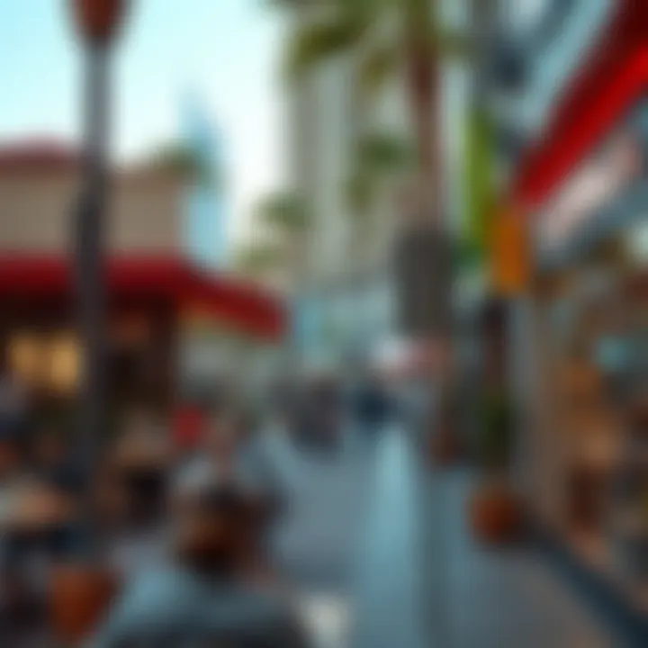 Vibrant lifestyle scene near Sky View Dubai with cafes and shops