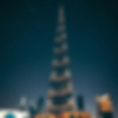 Night view of Burj Khalifa illuminated against a starry sky