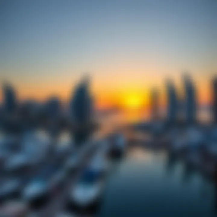 Sunset view over the marina with skyline