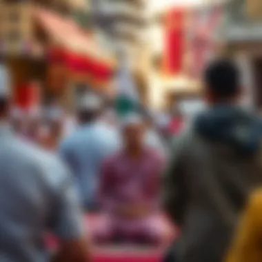 A vibrant community gathering during prayer time in a local Dubai neighborhood
