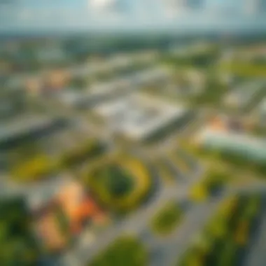 Aerial view of a modern business park with green spaces