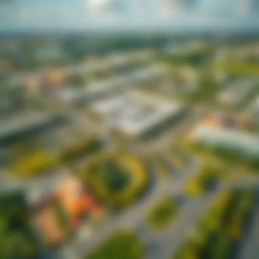 Aerial view of a modern business park with green spaces