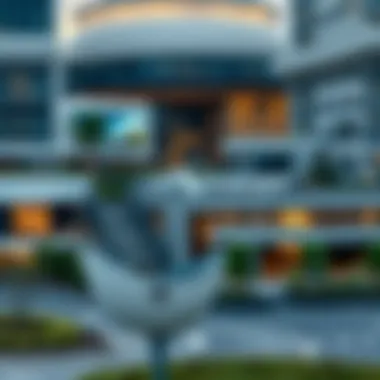 Business park featuring various office buildings and amenities