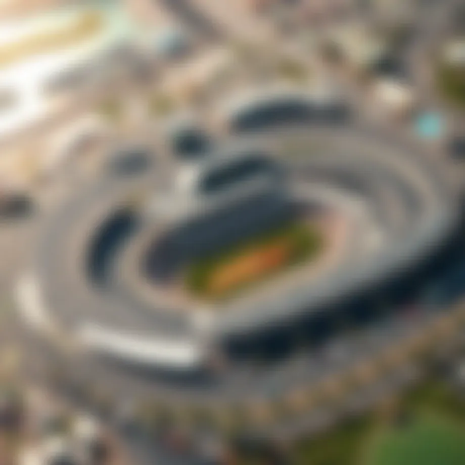 Aerial view of Yas F1 Track showcasing its unique layout